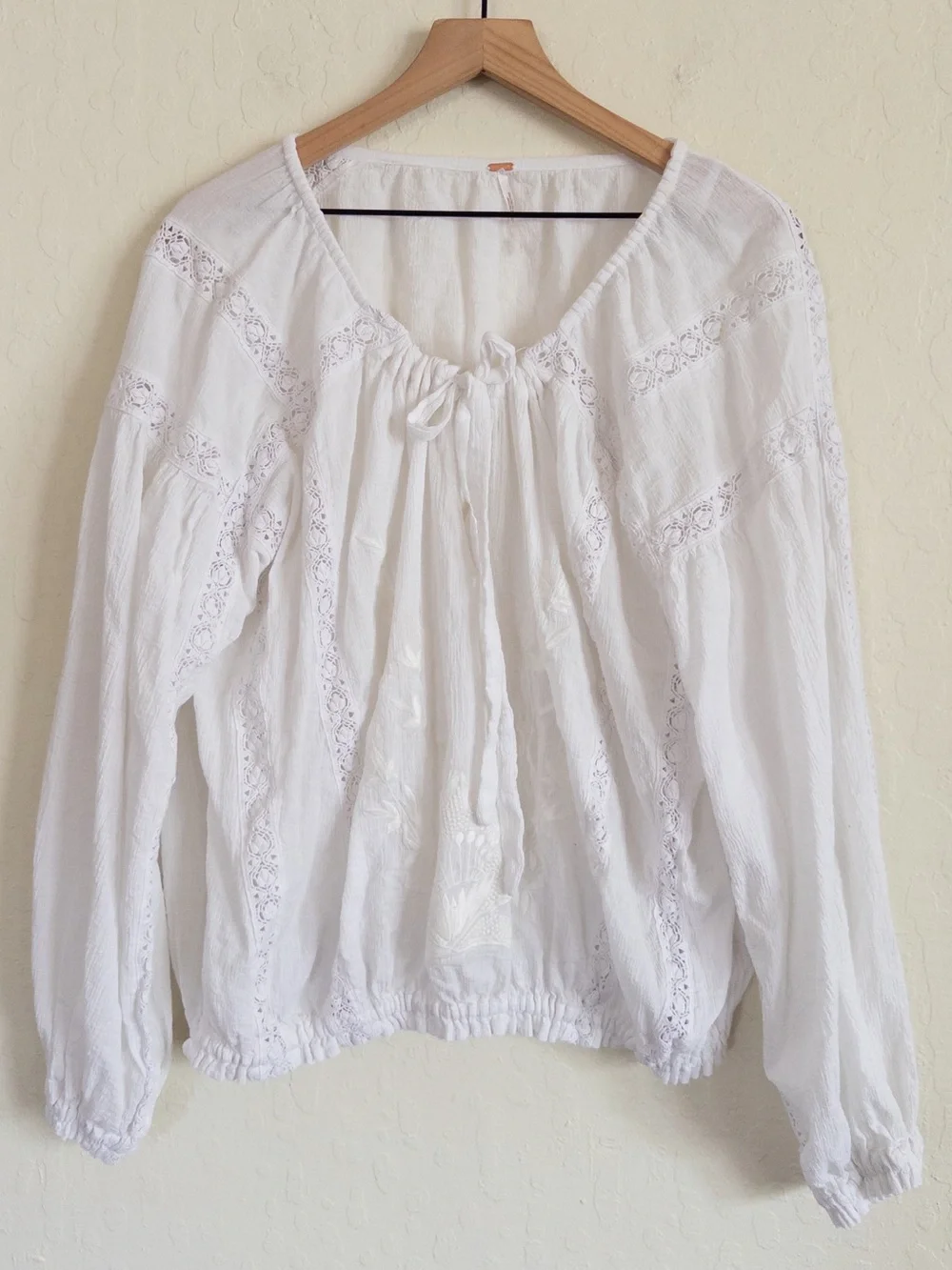 Free People Maria Maria Embroidered Lace Long Sleeve Blouse Large White Boho